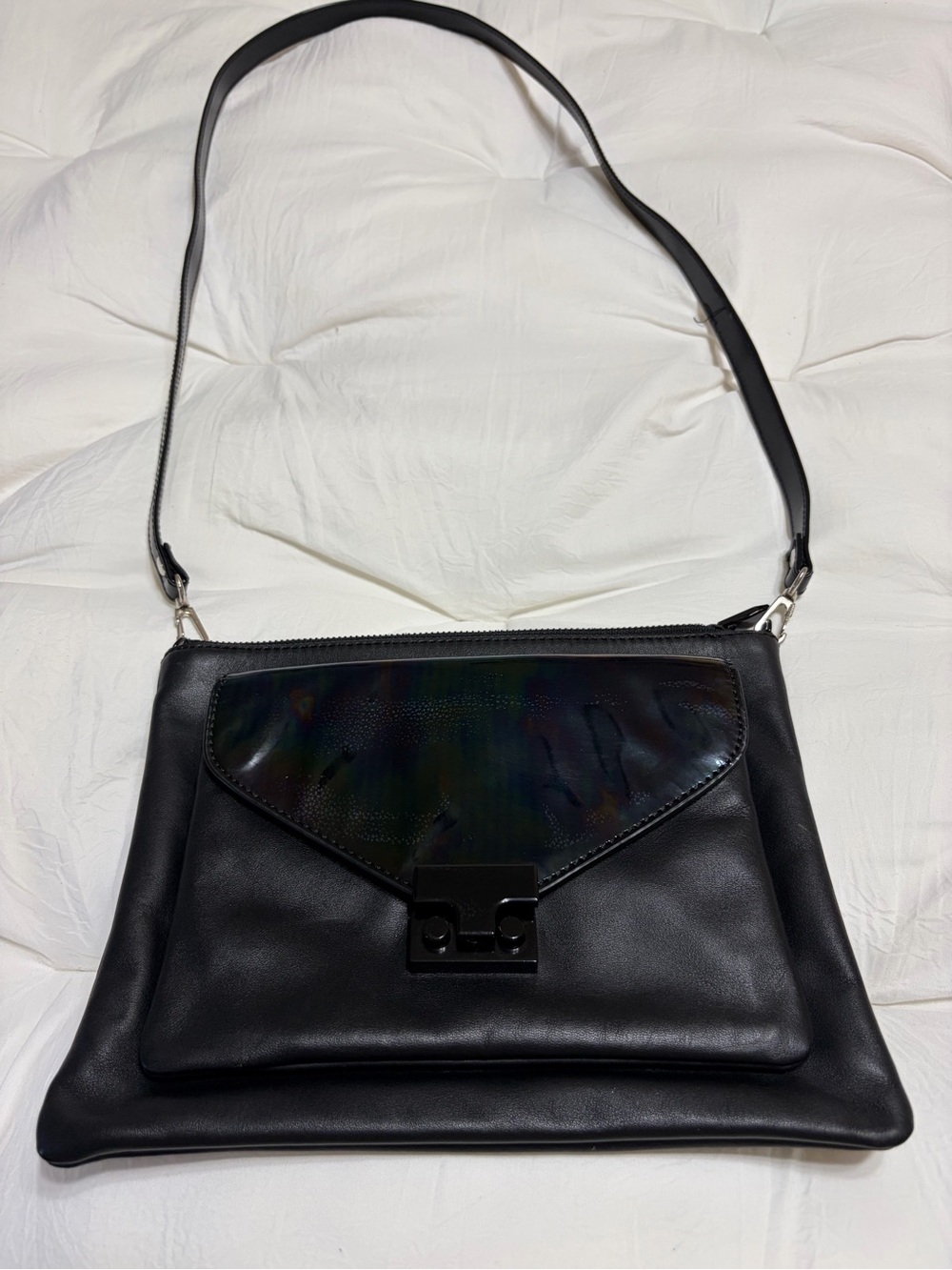 Loeffler Randall Black Leather Shoulder Bag with Flap and Top Zip